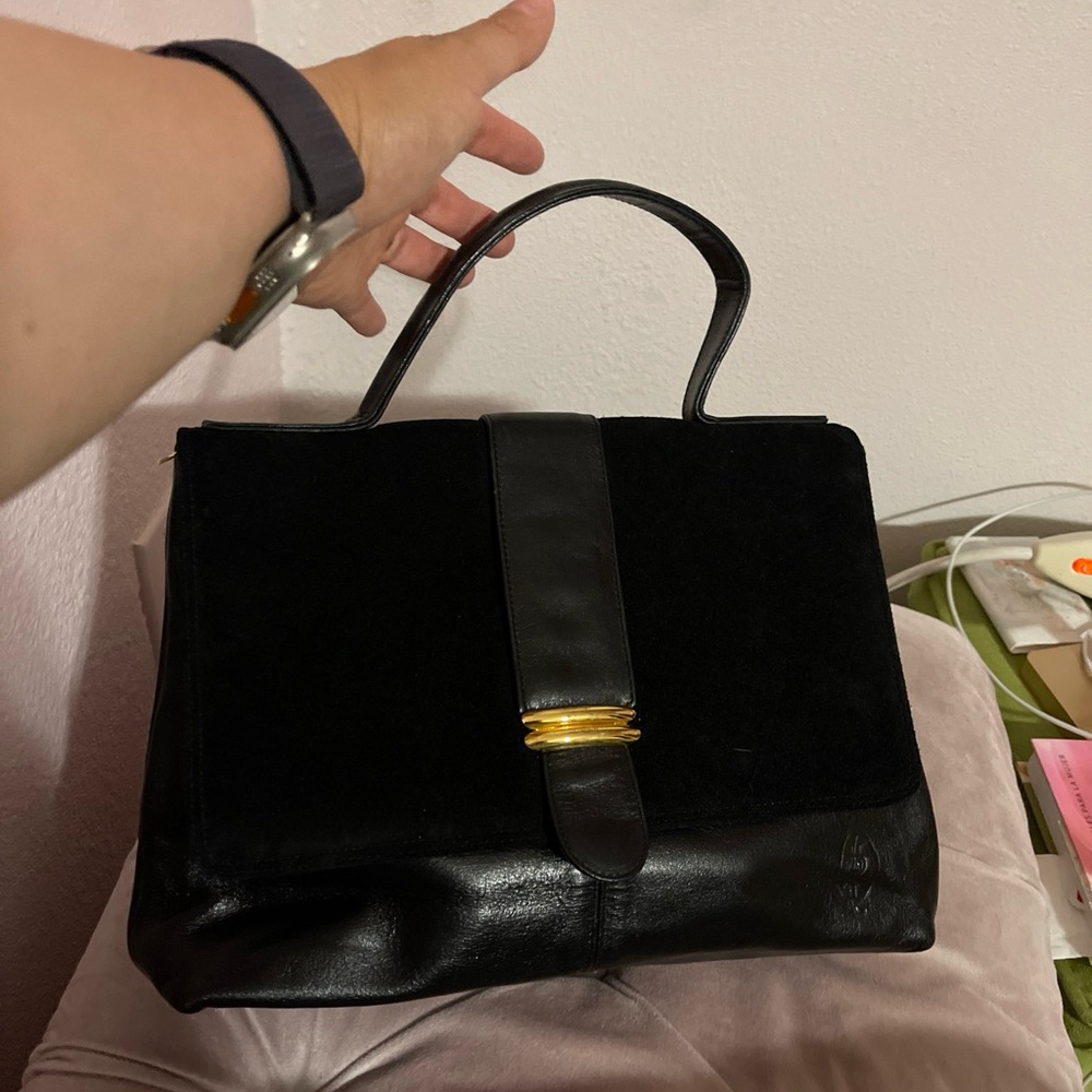 Black Satchel with Textured Material and Gold Clasp